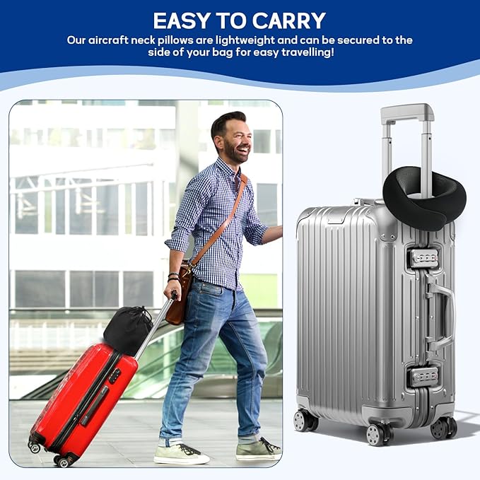 Badink®l Memory Foam Neck Travel Pillow, Neck Pillow Airplane with MagicStrap – Adjustable Ergonomic Travel Pillow for Office/Airplane/Car, Washable Cover, Portable Cervical Support （Black）