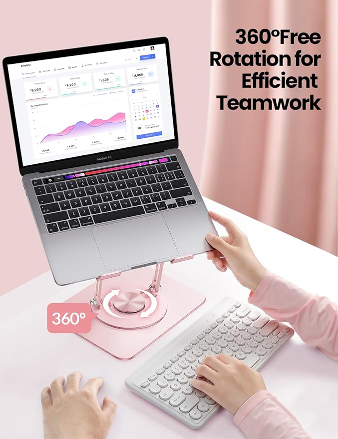 Vaydeer Adjustable Laptop Stand for Deskwith 360° Free Rotation Base and Foldable Design Ergonomic Laptop Riser Fits for MacBook, Dell, HP and More 10-15.6” Laptops (Pink)