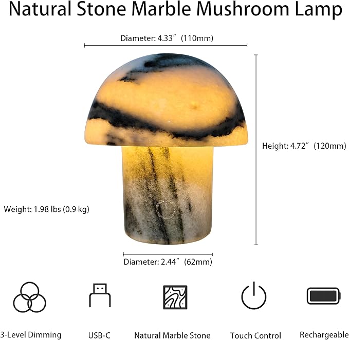 Handcrafted Natural Stone Mushroom Lamp - Rechargeable Bedside LED Night Light with Type-C Port, Unique Marble Table Lamp for Modern Interiors
