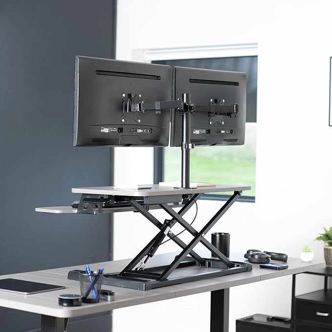 VIVO Height Adjustable 32 inch Standing Desk Converter with Dual 13 to 30 inch Monitor Stand, Sit Stand Monitor Mount and Desk Riser, Gray, DESK-V000K-M2G