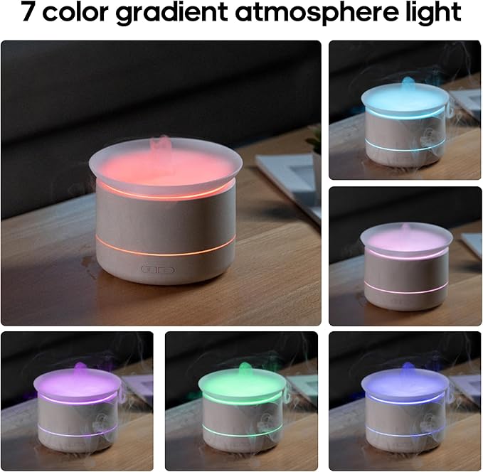 Essential Oil Diffusers, 200ml Aromatherapy Diffuser with, Cool Mist Humidifier with 2 Dynamic Modes, Small Diffuser with 7 Color Lights for Home Office Room -White