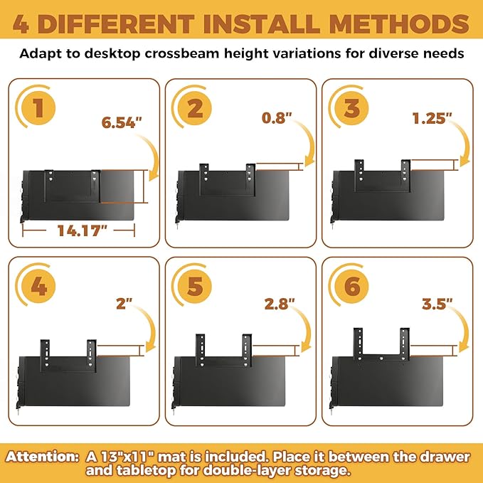 14 In Double Under Desk Drawer,Under Desk Pull Out Drawer with Lock and Keys,Adjustable Height, Metal Storage Drawer with Slide Extension Mounted Under Flat Wooden Table or Workbench, Black