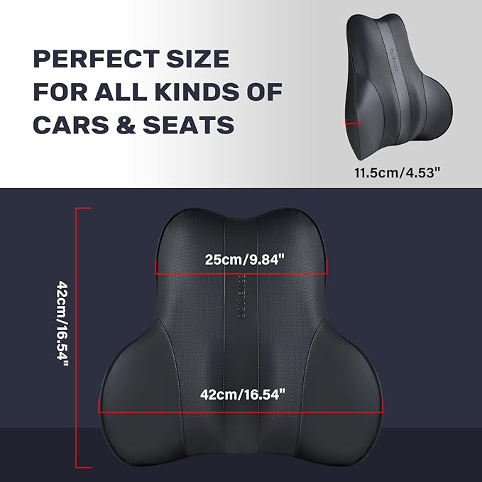 Coverado Lumbar Support Pillow for Car, Ergonomic Memory Foam Back Pillow for Office Chair, New Back Cushion for Pain Relief, PU Leather Car Lumbar Support for Driving Seat - BK