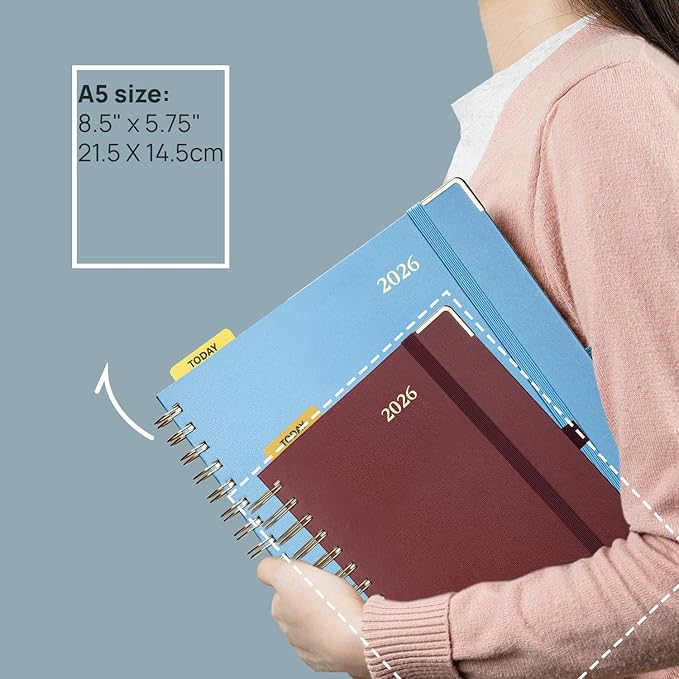 POPRUN 2026 Daily Planner One Page A Day - [8.5" x 5.75" Wire-Bound Hard Cover] Agenda 2026 Hourly Appointment Book with Monthly Calendar, Inner Pocket, Ivory Paper - Violet