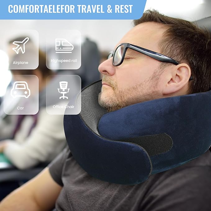 Badink® Memory Foam Neck Travel Pillow, Neck Pillow Airplane with MagicStrap – Adjustable Ergonomic Travel Pillow for Office/Airplane/Car, Washable Cover, Portable Cervical Support (darkblue)