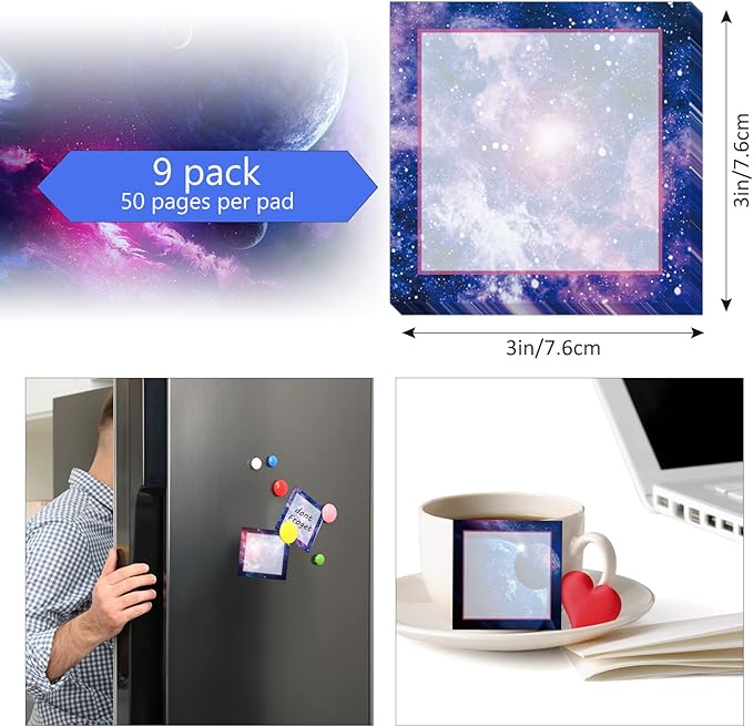 9 Pieces Galaxy Sticky Note Adhesive Galaxy Memo Notes Self-Stick Note Pads for Reminders, Study, Work, Office, School and Home, 9 Styles