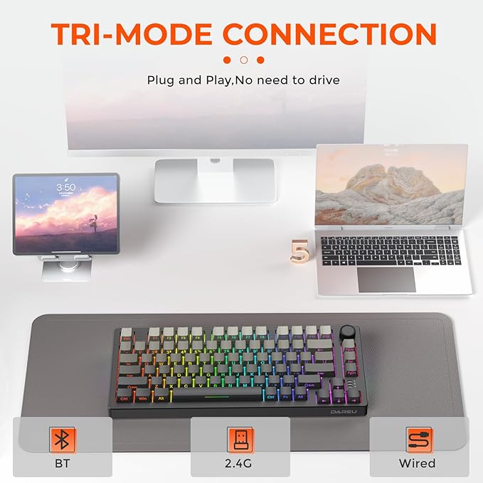 DAREU EK75PRO Wireless Gaming Keyboard,75% RGB Hot-Swappable Creamy Mechanical Keyboard with Knob,2.4Ghz/BT5.1/USB-C Connectivity, Gasket Mount,Side Printed PBT Keycaps, Linear Switch for Win/MAC