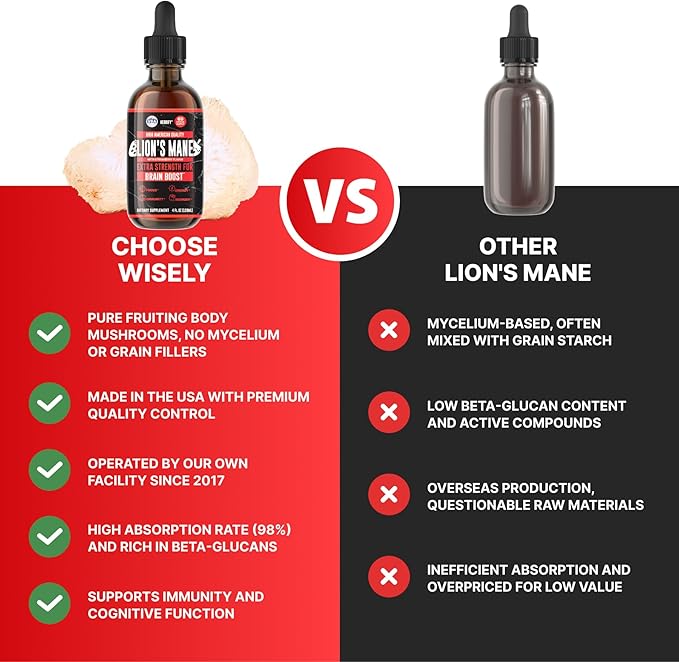 HERBIFY Lions Mane Supplement - Daily Mushroom Supplement for Memory, Focus & Clarity - Brain Booster - Lions Mane Tincture for Immune Support - 4 Fl oz Strawberry Flavor