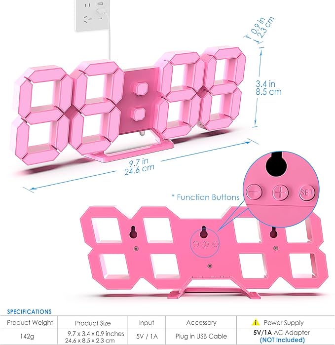KOSUMOSU Pink LED Clock 3D Wall Clock 9.7" Table Clock for Living Room Modern Digital Clock for Bedroom Aesthetic Bedside Desk Clock with Remote/Dimming/12/24H/Temp/Alarm Clock/Date