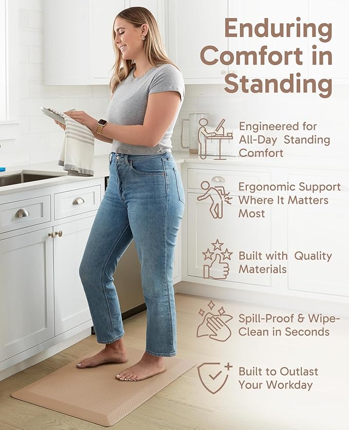 Ophanie Kitchen Mats for Floor, 3/4 Inch Thick Kitchen Rugs, Anti Fatigue Standing Cushioned Mat, Waterproof,Comfort Ergonomic Mat for Office, Home, Sink, 20'' x 48'' Beige Non-Slip Bottom