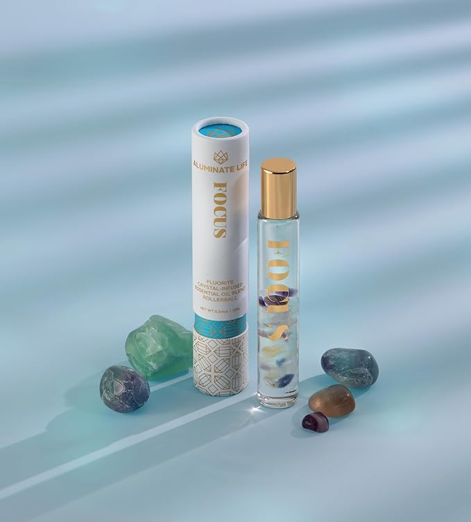 Essential Oil Rollerballs, .34 OZ, Focus - Fluorite Crystal Infused - Scents of Orange, Ginger, Ylang-ylang, & Lavender - Aromatherapy Roll On Oils, Skin Care, Massage