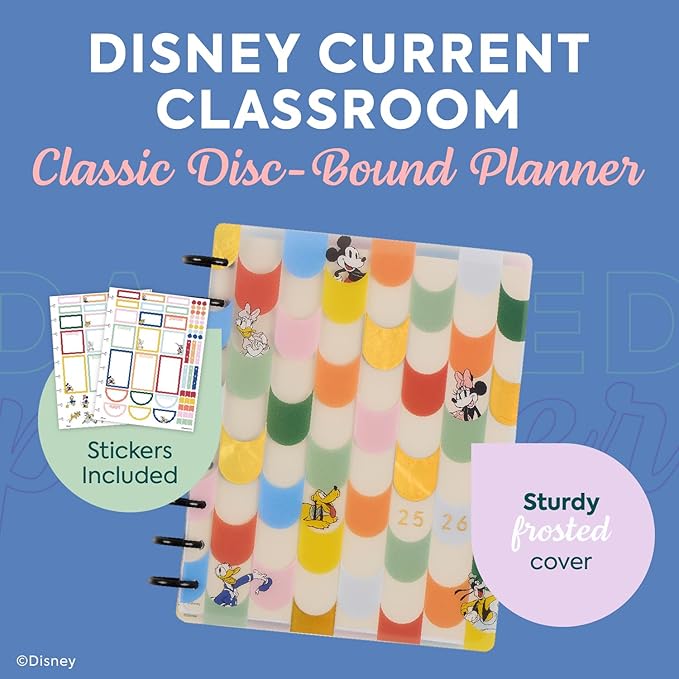 Happy Planner Disney Disc-Bound 12-Month Academic Planner, July 2025–June 2026 Planner, 3 Extra Months, 2 Sticker Sheets, Classic Size, Vertical Layout, Mickey Mouse & Friends Theme, Current Classroom, 7" x 9.25”