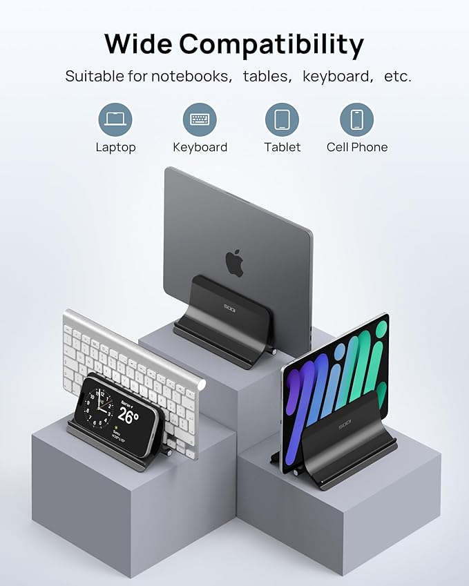 SODI Vertical Laptop Stand Holder for Desk Compatible with MacBook Air, MacBook Pro Stand Vertical Aluminum Up to 17 inch, Gravity Auto-Lock Cooling, 3-in-1 Space Saving Desk Organizer Accessories