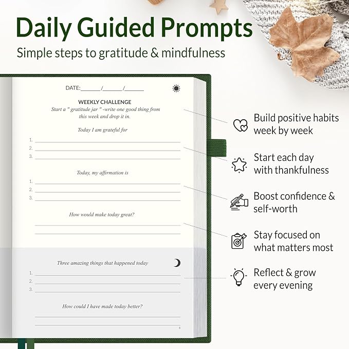 SUNEE Daily Gratitude Journal – Simple 5 Minute Journal for Daily Reflection, Build Positivity and Mindfulness, Undated Minimalist Planner for Women & Men (Deep Green)