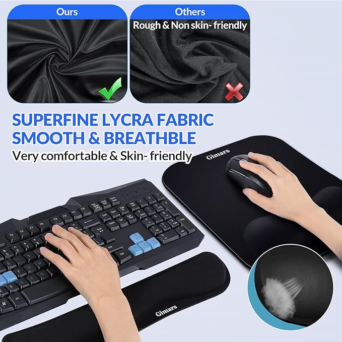 Gimars Elongate Smooth Lycra Fabric Ergonomic Mouse Pad Wrist Support, Gel Memory Foam Cushion Set Keyboard Wrist Rest Support, Pain Relieve for Computer, Laptop, Office, School, Home, Gaming, Black