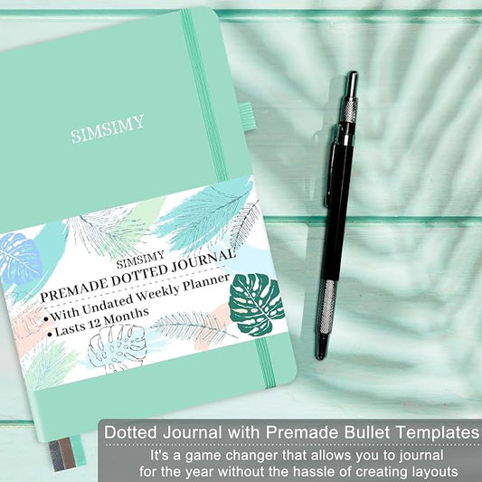 Premade Bullet Dotted Journal with Undated Weekly Monthly Planner, Pre-made Dot Grid Journaling Aesthetic Notebook for Goals Gratitude Budget Exercise Habits Mood Sleep Tracker - 12 Month