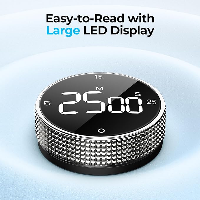 Rechargeable Magnetic Kitchen Timer for Cooking, Building 800mAh Battery Large Display Digital Countdown Countup Timer, 3 Preset 5/15/25 Mins Loud Alarm for Baking Grilling Studying - Silver