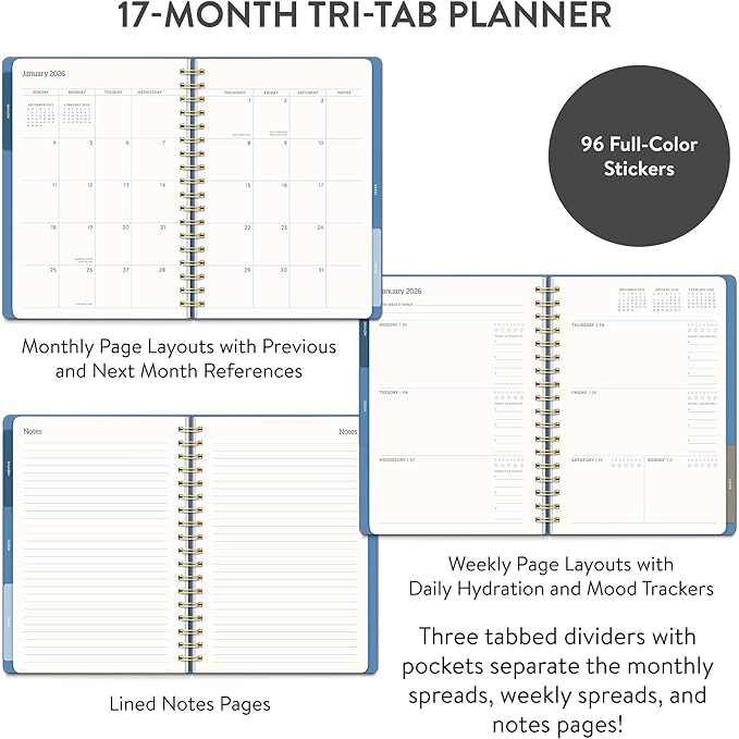 Orange Circle Studio Academic Planner 2025-2026, Amazon Exclusive, Blue Gray, Tri-Tab Planners, 17-Month Triple-Section, August 2025 to December 2026, 9.6" x 7", Weekly Monthly Planner Calendar for School or Work, Note Pages