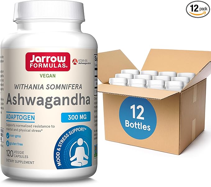 Jarrow Formulas Ashwagandha 300 mg - 120 Veggie Capsules - Overall Health & Resistance to Fatigue - Supplement Supports Endurance, Muscle Recovery & Cognitive Health - 60 Servings (Pack of 12)