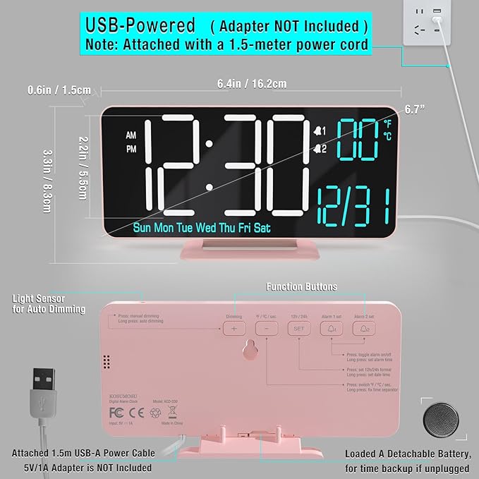 KOSUMOSU Clock for Bedroom, 6.7in Digital Alarm Clock, Auto Dimming, Room Temperature, Day of The Week, Seconds, Date, Alarm Clocks for Bedrooms, Digital Clocks for Living Room