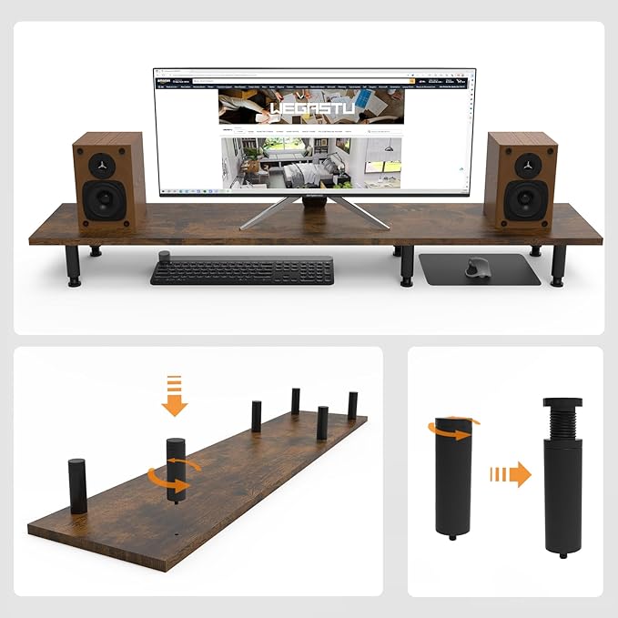 Large Dual Monitor Stand Riser 43.3IN，Vintage Home Office Storage For Desk Accessories，Solid Wod Desk With Adjustable Legs For computer/PC/Laptop/Printer/Container/dressing table