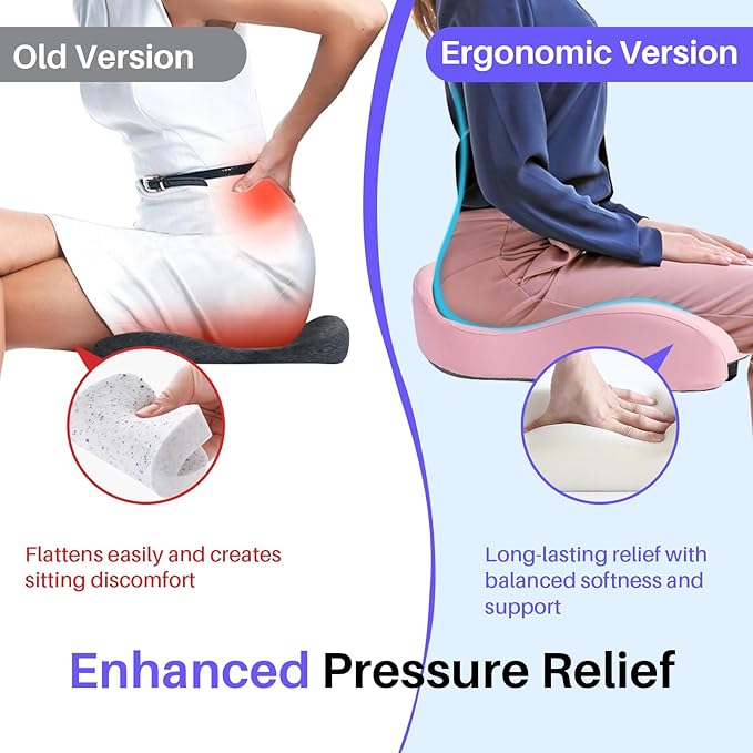 Seat Cushion for Office Chair, Large Thick Seat Cushion for Tailbone Pain Relief, Sciatica & Back Support, Memory Foam Office Chair Cushion for Long Sitting, Coccyx Cushion for Car, Wheelchair (Pink)