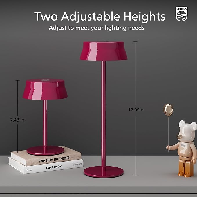 Philips Cordless Table Lamp, Portable Outdoor LED Desk Light,Rechargeable Battery Operated, 2 Adjustable Height, Touch Control & 3 Color Stepless Dimming, Waterproof Lamps for Restaurant/Bedroom
