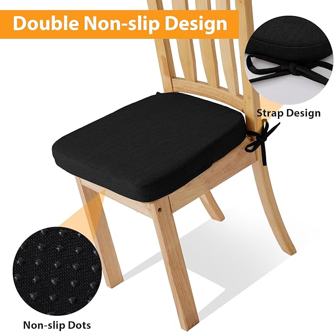 Chair Cushions for Dining Chairs, 2" Thick Seat Cushions for Kitchen Chairs, D-Shaped Chair Pads with Washable Cover, Ties and Non Slip Backing, 17'' x 16'', Set of 6, Black