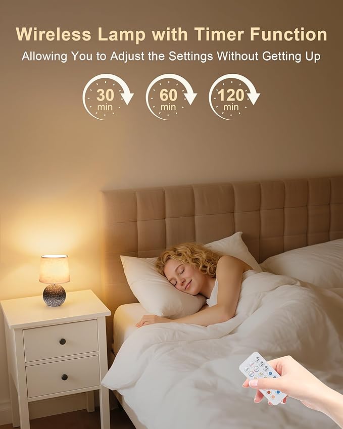 UMEXUS Ceramic Cordless Table Lamp with Timer & Remote - 11.42" Small Rechargeable Battery Operated Lamp with Linen Shade & RGB Dimmable Light for Restaurant Dining Living Bedroom Kitchen Patio Side