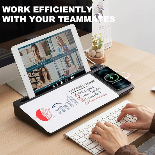 Small Glass Desktop Whiteboard Dry-Erase-Board - Computer Keyboard Stand with Wireless Charger White Board Surface Pad with Drawer, Desk Organizers with Accessories for Office, Home, School Supplies