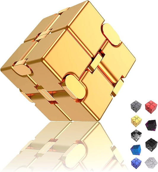 Metal Infinity Cube Fidget Toy - Aluminum Alloy Anti-Stress and Anxiety Finger Flip Cube for Adults, Men, and Women, Ideal Desk Toy for Work or Home - Infinity Cube Desk Toy (Gold)