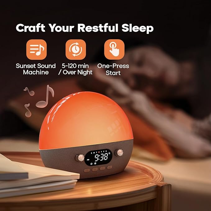 Dekala RestOnn Sunrise Alarm Clock 7-Day Programmable Dual Alarm Clock with Sunset White Noise Sound Machine Natural Sounds Amber Night Light, Bluetooth Speaker, 3000mAh Battery Backup, App Control