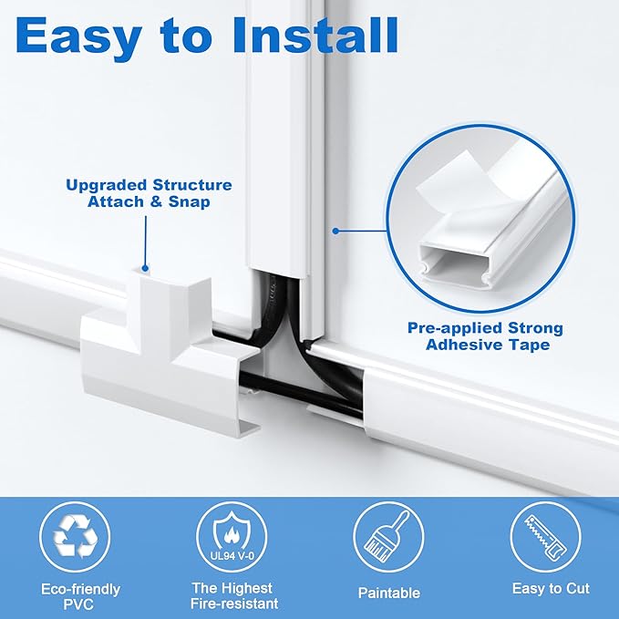 102in Wall Cable Hider, Cord Hider to Hide 3-4 Cords, Self-Adhesive TV Wire Hider for Wall, Cable Management Kit, Cable Raceway White, Paintable Cable Concealer, 6 x L17in x W1.2in x H0.6in