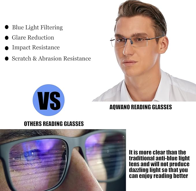 AQWANO Rimless Reading Glasses for men Women TR90 Ultralight Frameless Readers Fashion Designer Computer Blue Light Blocking Anti-reflective,2.75