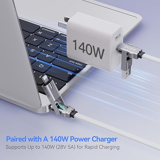 pzoz 4-in-1 USB C Fast Charging Cable with LED Display, Multi USBC Charger Combo Lightning/Type C/USB A Metal Ports for iPhone 17/16/15/14 Pro Max iPad MacBook AirPods Pro Samsung Google (140W, 5 ft)