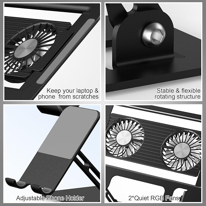 Laptop Stand with Fan,Laptop Cooling Stand with 2 Detachable Quiet Fans & Phone Holder, Adjustable Height & Angle,Laptop Cooling Pad for 10-18" Laptops, MacBook Pro,Gaming Laptops, Tablets