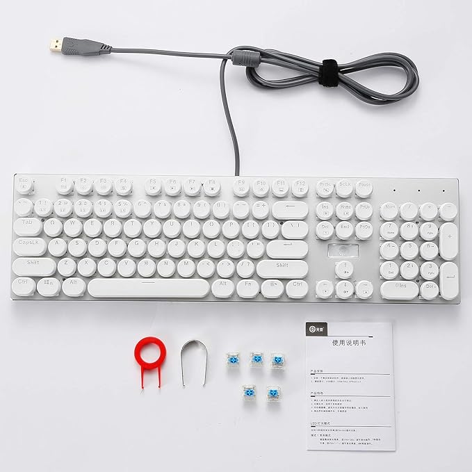 HUO JI E-Yooso Z-88 Wired Typewriter Style Mechanical Gaming Keyboard, Programmable RGB Backlit, Blue Switches - Clicky, USB-C Cable, Metal Panel, 104 Double-Shot Keycaps for PC, White