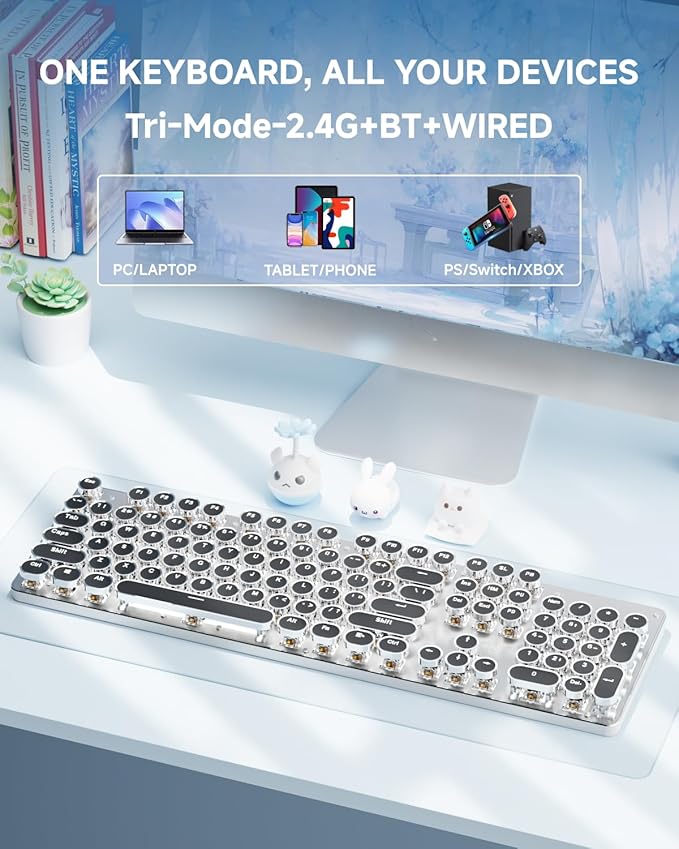 EWEADN TK950 Typewriter Keyboard Wireless Mechanical Keyboard, 104 Keys Aesthetic Typewriter Keyboards with White Backlit, Anti-Ghosting, Blue Switch Bluetooth/2.4GHz/Wired Cute keyboards-Black