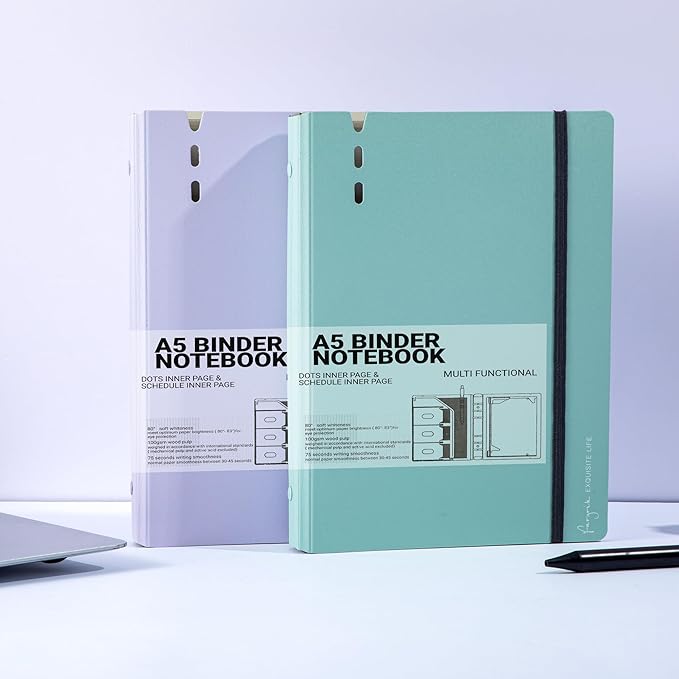 CAGIE A5 Binder 6 Ring Notebook with Dividers Refillable Planner Binder with Pockets, Refill Paper Include Planning Square Ruled and Dotted Pages (Purple and Blue, 2 Pcs A5 Daily&Dot Page)