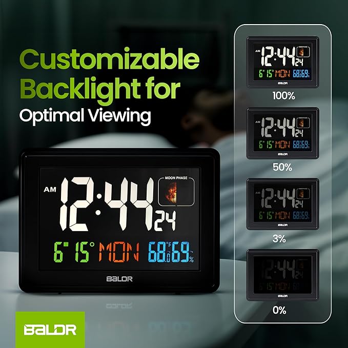 BALDR Atomic Clocks for Bedrooms Digital Large Display - Black - Desk Clock with Temperature Indoor and Humidity, Night Stand Clock, Moon Phase Clock, Alarm Clocks for Living Room, Digital Clock Wall