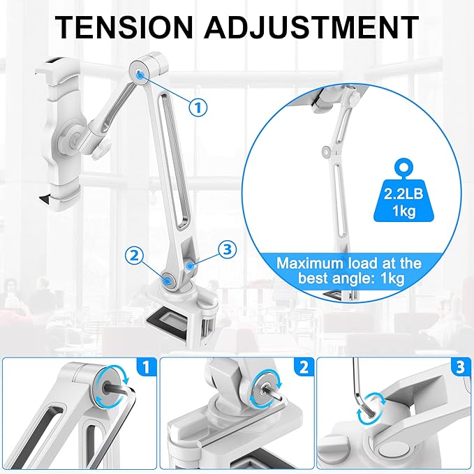 AboveTEK iPad Desk Mount, Multi-Angle Adjustable Tablet Clamp Holder, 360° Swivel Arm Aluminum Tablets Stand, Fits 4"-11" Tablet/Phone/iPad mini for Home Office Kitchen Bedside (White)