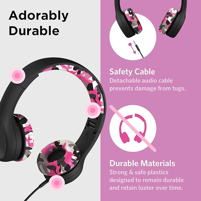 LilGadgets Connect+ Style On-Ear Kids Headphones with Microphone - SharePort Technology, SoftTouch Padding, Detachable Cable, Noise Reduction, Durable & Adjustable - Pink Camo - Wired Headphones