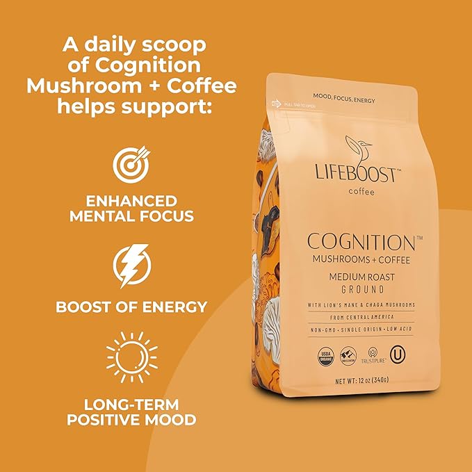 Lifeboost Cognition Adaptogenic Mushroom Coffee - Great Tasting Organic Lions Mane & Chaga Medium Roast Nootropic Coffee - Increase Energy, Boost Focus & Immune Support - 12 oz Bag - Ground