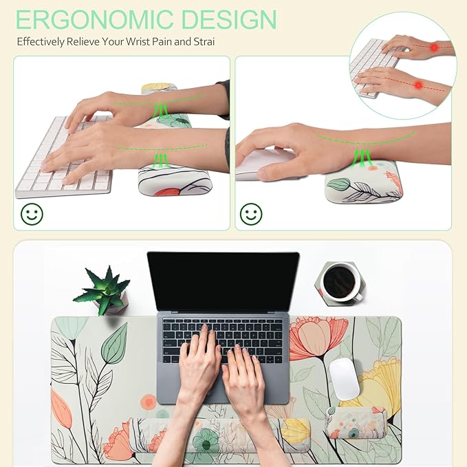 Petmolico Mouse Pad Set Wrist Rest with Keyboard Desk Pad,Mouse Pad with Wrist Rest,Typing Wrist Pad and Cup Coasters,Ergonomic Design for Typing Pain Relief[Light Brown,Big Flower]