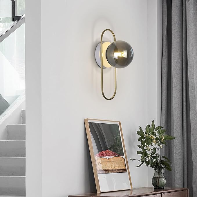 Modern Farmhouse Sconces Wall Lighting Brushed Gold Globe Wall Sconce Smoked Glass Bathroom Vanity Light Brass Sconces Hard Wired