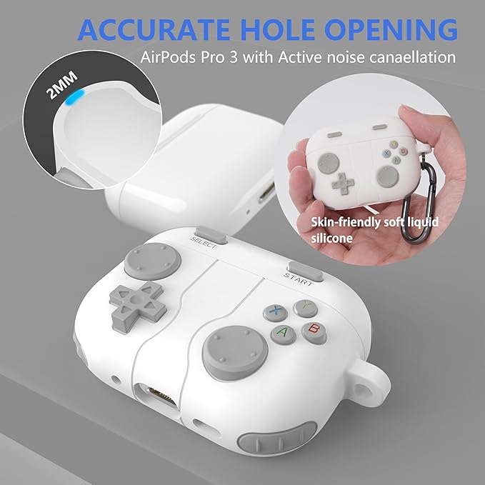 for AirPods Pro 3 Case(2025) DamonLight Game Case Shock-Proof Protective Silicone with Cleaning Pen and Keychain Accessories for Apple Airpods Pro 3rd Generation (White)