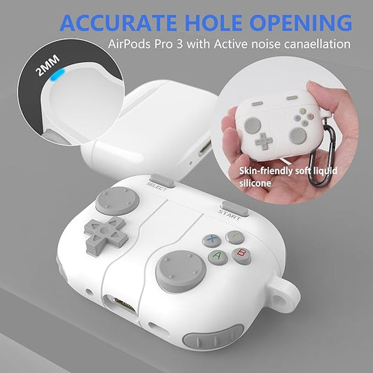 for AirPods Pro 3 Case(2025) DamonLight Game Case Shock-Proof Protective Silicone with Cleaning Pen and Keychain Accessories for Apple Airpods Pro 3rd Generation (White)