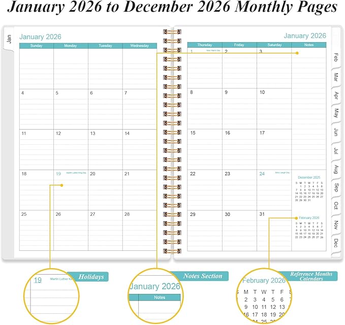 2026 Daily & Monthly Planner - One Page Per Day, Daily Planner 2026 from January 2026 to December 2026, Planner 2026 with 12 Monthly Tabs, 6.4" x 8.5", Flower-A
