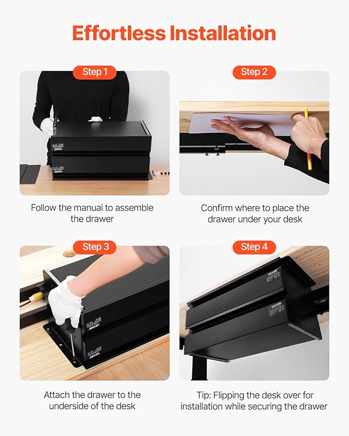 VEVOR Under Desk 2 Layer Slide Out Drawer, 16 inch Under Desk Pull-out Drawer for Home Office Sit Stand Workstation, Black