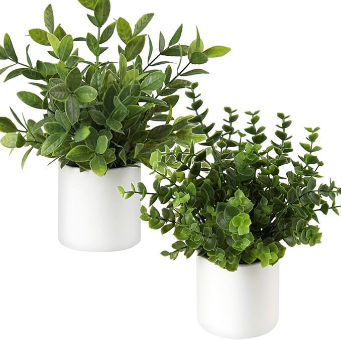 Briful Mini Fake Plants Set of 2 Small Faux Plant Eucalyptus Rosemary Greenery Potted Plants Artificial Decor for Home Table Office Room Desk Bathroom Shelf Kitchen Farmhouse Mantel Decoration